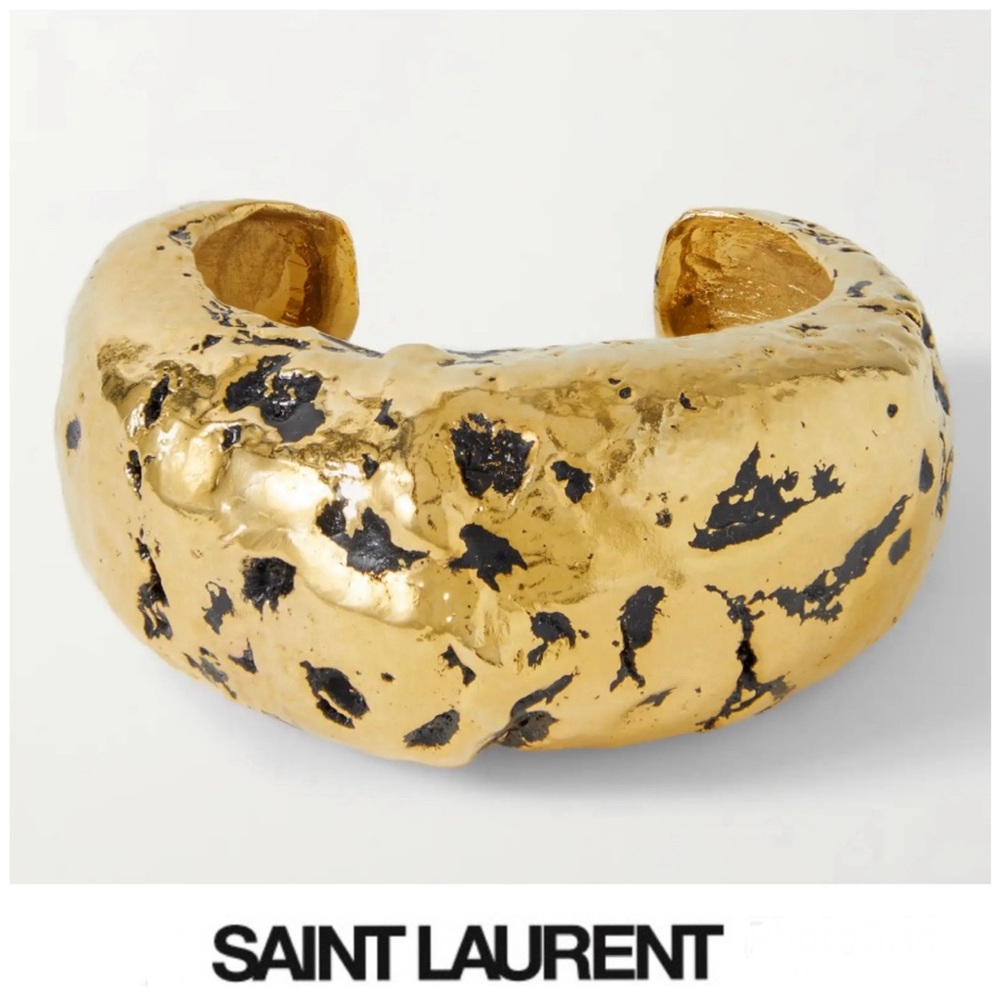 SAINT LAURENT Gold w Black Hammered Finish With Antique Look Cuff Bracelet NWOT